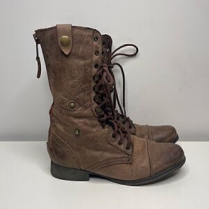 Steve Madden Womens Brown Leather Combat Boots Fold Over Lace Up Sz 6.5